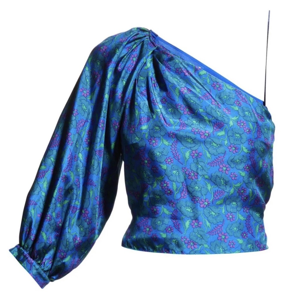 Veronica Beard Lyric One Shoulder Silk Top In Cobalt Multi Cropped Floral Sz 12